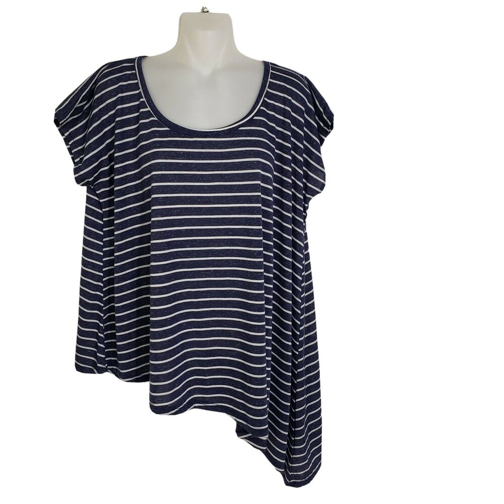 Happening In The Present Womens Top Medium Blue Striped Linen Blend Asymmetrical